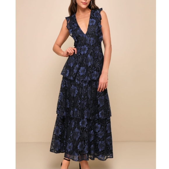 Lulus Dresses & Skirts - NWT Lulus | Molinetto Navy Blue Lace Ruffled Tiered Sleeveless Maxi Women XL